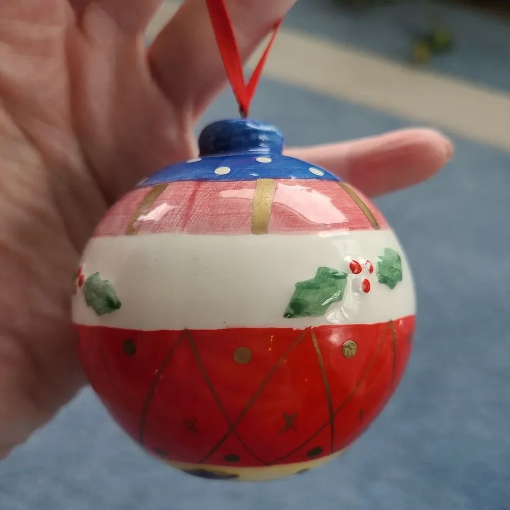 Vintage Hand-Painted Handmade Ceramic Christmas Ornament Holly Berry Red Ribbon